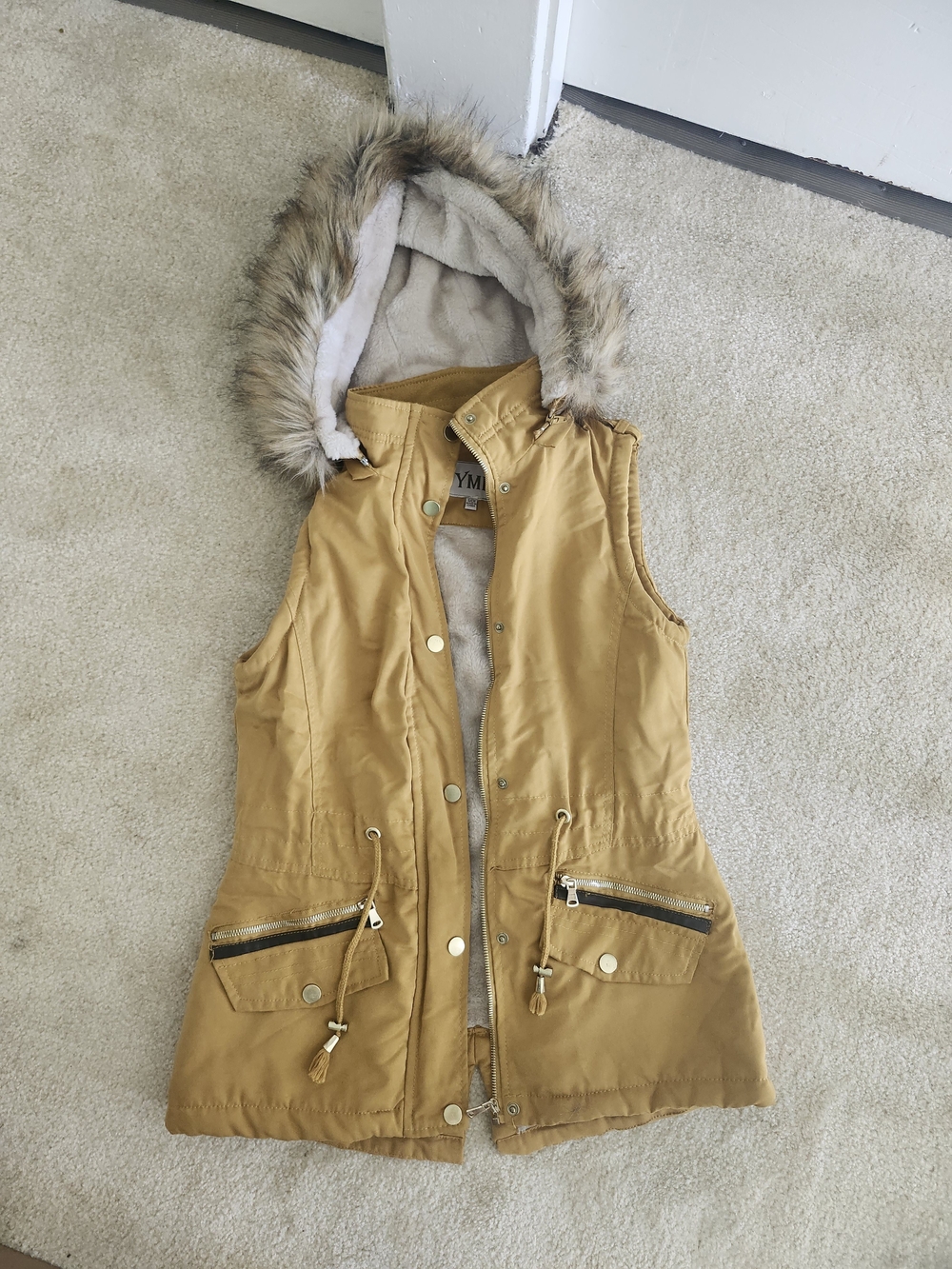 Women’s Mustard Hooded Fur-Trim Utility Vest